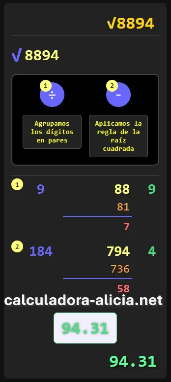 Cálculo de raíz cuadrada en Calculadora de Alicia