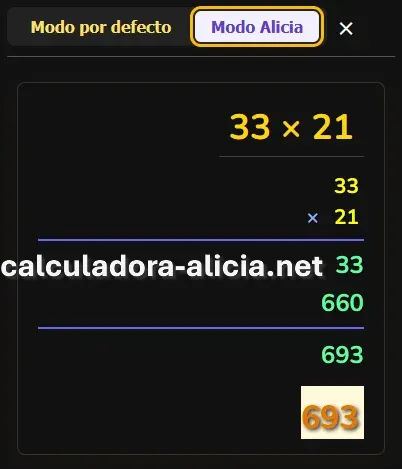 Visualización de multiplicación en modo Alicia