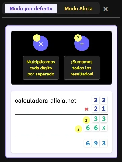 Visualización de multiplicación en modo por defecto