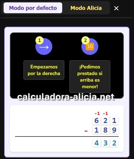 Visualización de resta en modo por defecto